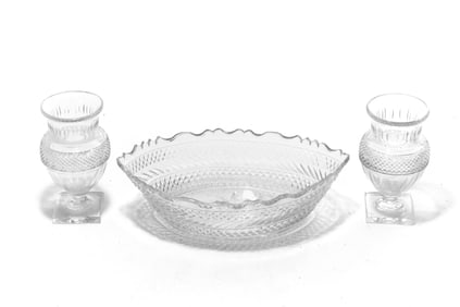 Baccarat Large Cut Crystal Bowl with Two Cut Crystal and Vases, signed