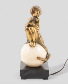 Gilded Bronze and Alabaster Lamp with Girl and Parrots, Circa 1930's