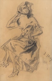 Jules Cheret Signed Charcoal Drawing of a Seated Woman, 1919
