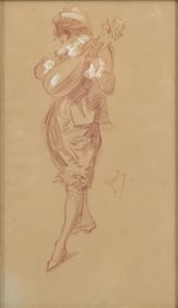 Jules Cheret Signed Red Chalk Pastel Drawing of a Musician, Circa 1900