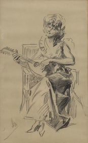 Jules Cheret "Mandolin Player" Original Signed Pencil Drawing on Paper Painting, Circa 1910