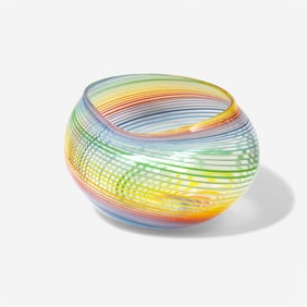 Vintage Signed Studio Art Glass Bowl with Swirling Multicolor Bands