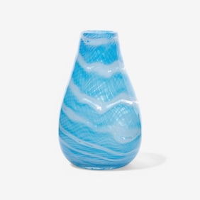 Murano Art Glass Vase Blue And White Hand Crafted, Mid Century Circa 1970s