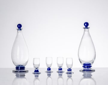 Signed Daum Nancy 6 Pc Colorless and Blue Art Glass Liqueur Set, Early 20th C.