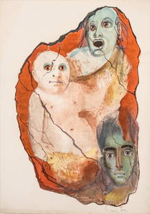 Leonor Fini, Signed, Three Faces, Color Lithograph: Keywords: Surrealist art, abstract art, psychological portraiture, avant-garde, Leonor Fini style, Salvador Dali style, Max Ernst style, 20th-century, surrealismLeonor Fini pencil signed, Three faces,