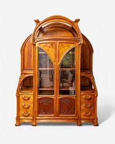 Hector Michaut Signed French Art Nouveau Carved and Inlaid Fruitwood Display Cabinet, Circa 1903