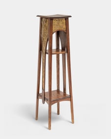 Art Nouveau Oak and Repousse Brass Plant Stand, Circa 1900