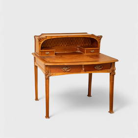 French Art Nouveau Walnut Desk Majorelle, Inlaid and floral carved, Early 20th Century (1 of 18)