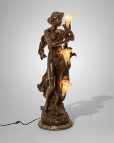 Hippolyte Moreau “Arome" 35" Signed French Bronze Sculpture Lamp with Art Glass Accents, 19th