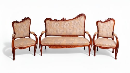 Art Nouveau French Foral Carved Parlor Set Ex: Lillian Nassau, circa 1900