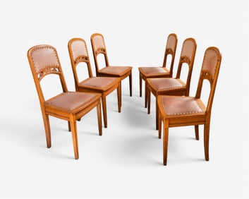 Set of Six Art Nouveau Oak, Floral Carved and Leather Dining Chairs, circa 1900