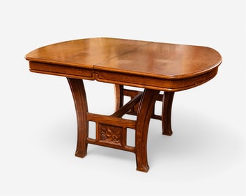 French Art Nouveau Floral Carved Oak Dining Table, Early 20th Century