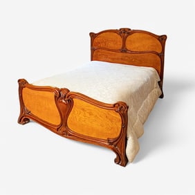French Art Nouveau Walnut Bed with Carved Floral Detail, circa 1900