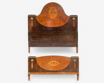 1920s Art nouveau Deco Inlaid Rosewood and Burl Full Size Bed