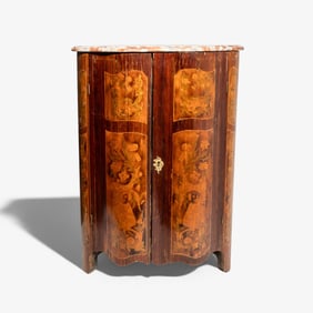 French Wooden Inlaid serpentine Front Corner Cabinet with Marble Top,18th Century