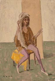Signed "Benn" Modernist Oil Painting of Seated Woman, 1982