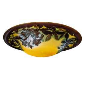 Emile Galle Signed Cameo Hanging Glass Pendant with Bronze Fixture, Early 20th Century