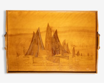 Emile Galle, Blond Fruitwood Marquetry Tray with Sailboat Decor, Circa 1900