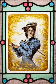 Antique Stained Glass circa Young Woman with Riding Crop c.1900