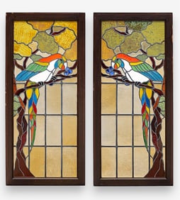Pair of Art Nouveau Stained Glass Windows with Parrots, Circa 1900's