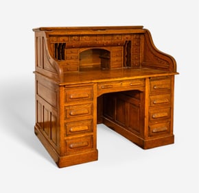 Antique Victorian Oak S Roll Top Raised Panel Desk, Early 20th Century