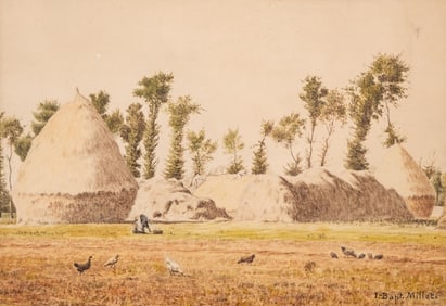 Jean Baptiste Millet, Haystacks, Signed watercolor painting over etching