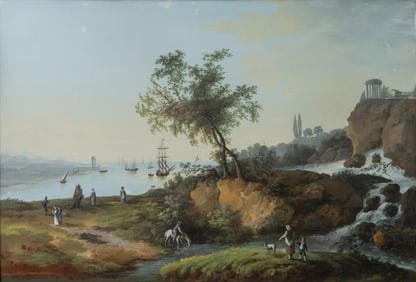 Mystery Artist: Signed J.L. Gumuiran?, 1825, Gouache Painting of Coastal View with Ships,19th