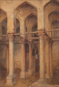 Mystery Artist: Alcazar of Seville 19th Century Spanish Watercolor Painting