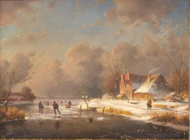 Charles Leickert Oil Painting, titled "Skating on a Frozen River", 19th C. (1 of 8)