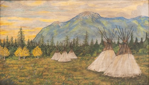 Mystery Artist: Native American Landscape Oil Painting on Panel, 19th Century