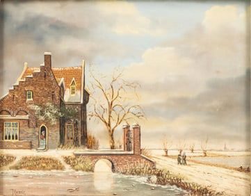 J. Ladac Signed Dutch Winter Landscape Oil on Board, 20th Century