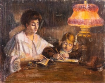 Elisabeth Gay Early 20th Century Pastel on Canvas Painting "The Lesson", Signed