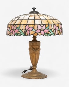 Antique Floral Leaded Glass Table Lamp Shade with Ornate Base, Circa 1890