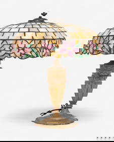Antique Floral Leaded Glass Table Lamp Shade with Ornate Base, Circa 1890 (1 of 18)