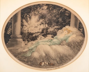 Louis Icart Sleeping Beauty Signed Art Deco Aquatint Etching with Blind Stamp, Circa 1930