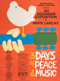 Vintage 1969 Woodstock Music and Art Fair Poster, 3 Days of Peace and Music