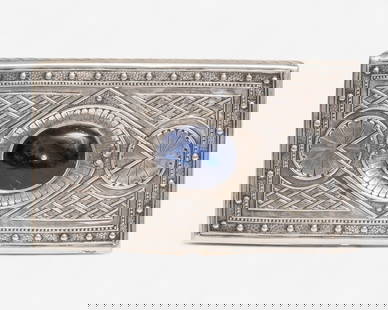 Estate Continental .800 Silver Trinket Box with Dumortierite Stone: Keywords: trinket box, cedar lined silver box, dumortierite stone, blue gemstone box, European silver, estate silver box, antique jewelry box, snuff 20th century silver, silver vanity box, collectible
