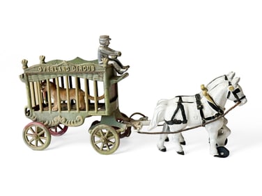 Antique Kenton Overland Circus Cast Iron Lion Cage Wagon with Horses