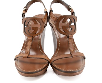 Gucci Tan Leather Interlocking GG T-Strap Wedge Sandals