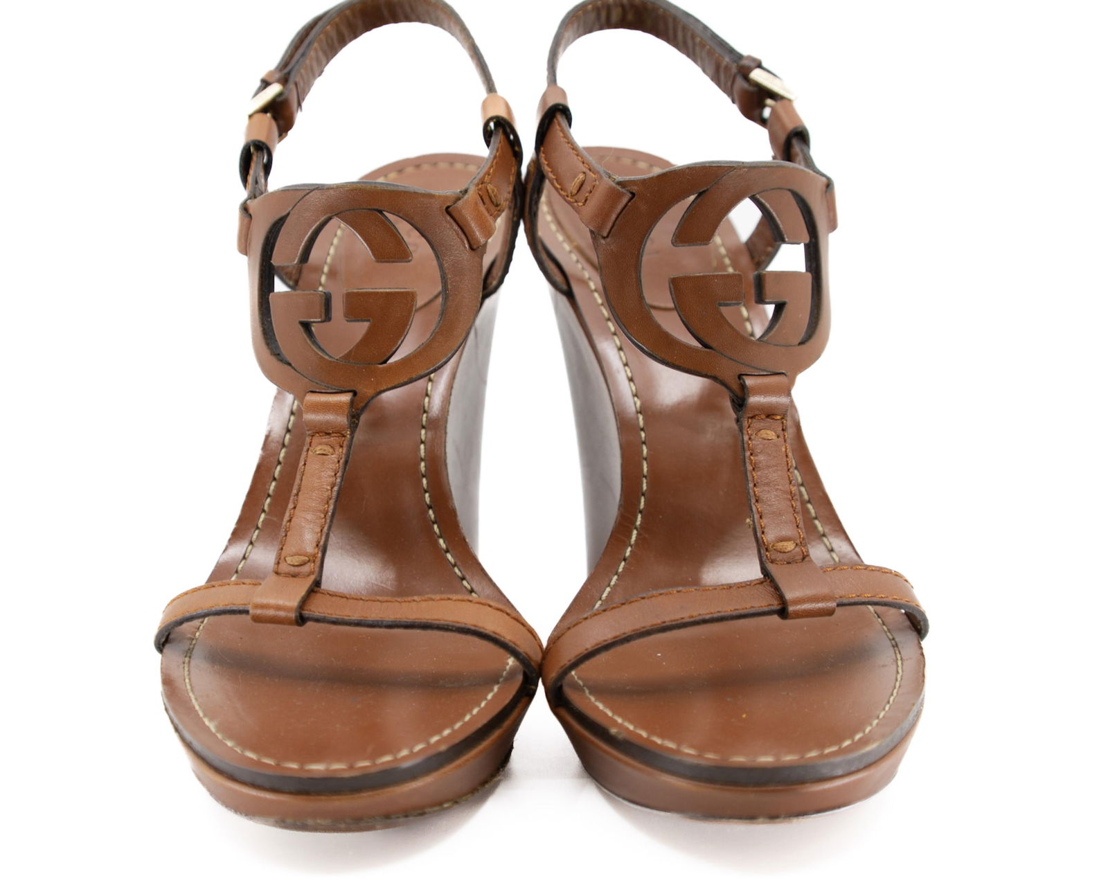 Gucci Tan Leather Interlocking GG T-Strap Wedge Sandals (1 of 9)