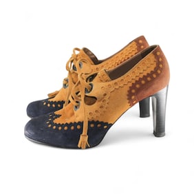 Hermès Paris Mustard & Navy Suede Lace-Up Heels