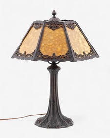 Arts and Crafts Bronze Table Lamp with Amber Slag Glass Panel Shade