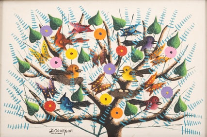 Decourcelle Gourgue Mid Century Painting of Tree with Birds and Butterflies