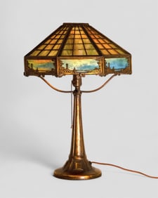 Bradley & Hubbard Scenic 16-Panel Slag Glass Lamp, Circa 1900
