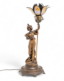 Signed Roussel Art Nouveau Figural Lady Lamp with Lotus Shade, Circa 1900