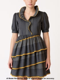 BALENCIAGA, Grey with Gold and Black Stripes, Linen and Silk Three Tier Ruffle Dress, circa 1980s