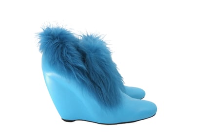 Bottega Veneta Cerulean Blue Leather and Fur Wedge Boots