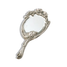 Art Nouveau Silver-Plated Hand Mirror with Woman & Floral Motif