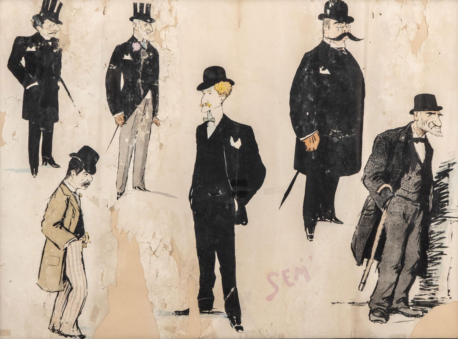 SEM (Marie Joseph Georges Goursat) Lithograph, Album 8, Plate No. 6, 1899: Keywords: Belle epoch fashion, Mens clothing designs, mens antique hats, edwardian fashion, top coat, mens formal wearMarie Joseph Georges Goursat, known as SEM (1863–1934). Lithograph from Album 8,