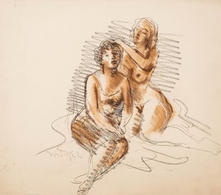 Signed Moses Soyer Mixed Media Drawing of Two Seated Women